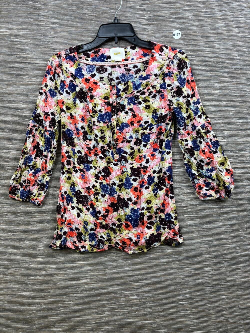 Maeve Blouse Womens 6 Multicolor Floral Crinkle Henley Tunic Top 3/4 Sleeve
